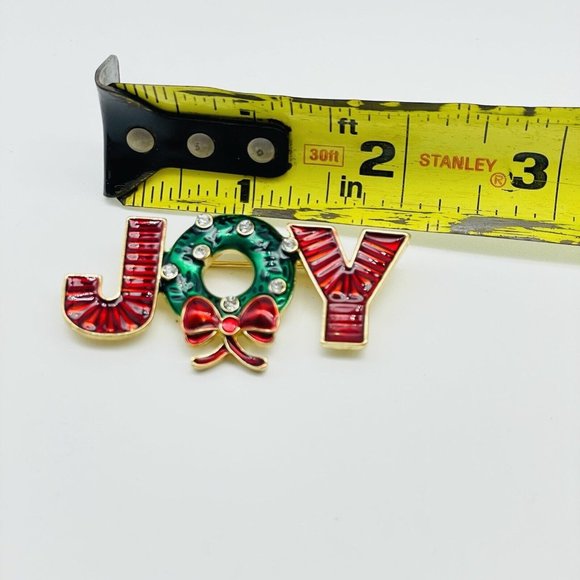 JOY Holiday Pin Enameled Gold Tone Green Red Rhinestone Accents Christmas Happy - Picture 6 of 6